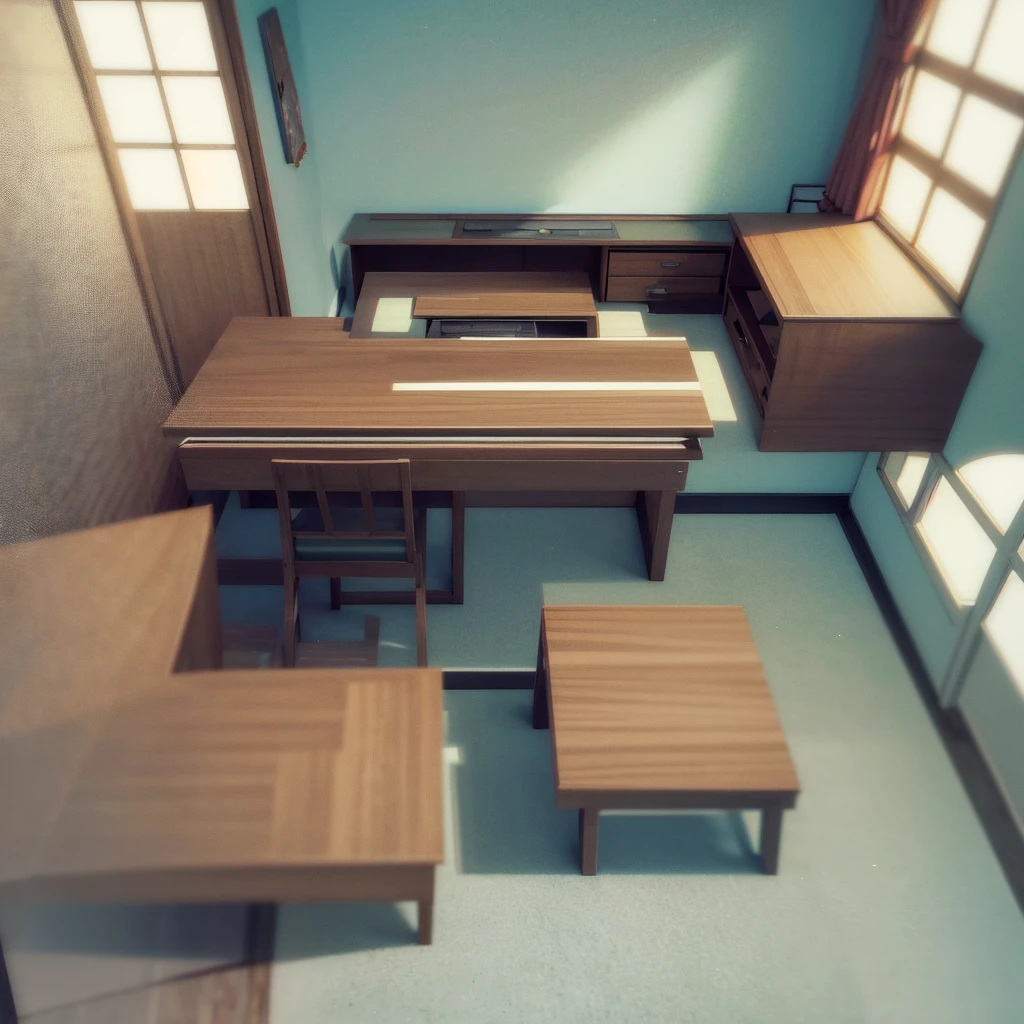Anime style room with table, chairs and television., animated background art, anime landscape concept art, animated background, cozy home background, 3d realistic anime style, aesthetic anime, Beautiful anime scene, anime style, house kitchen on a sunny day, Japanese house, anime style de estudio manicomio, Relaxing Conceptual Art, cozy and calm atmosphere, 1920x1080