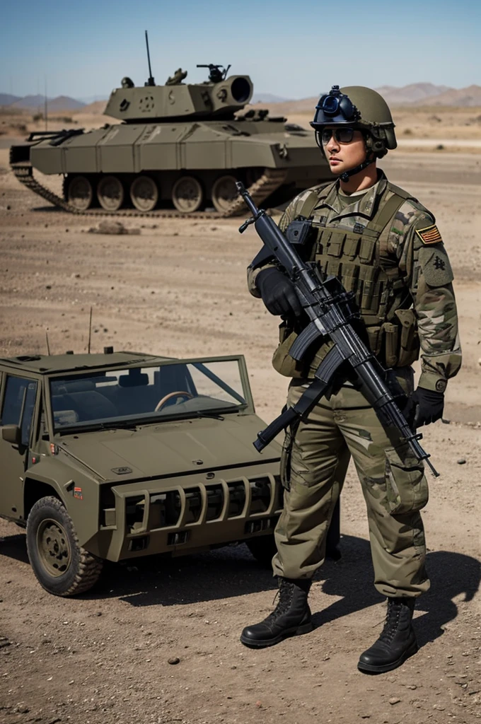 Create a realistic cat with military clothing and a gun in a war