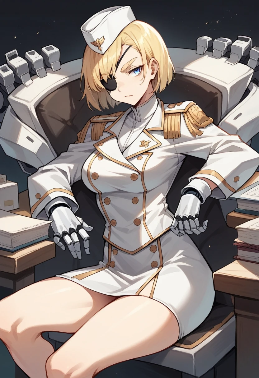 commander anime girl, white commander clothes, white mini skirt, white commander hat, 18 years old, tall, medium length blonde hair, blonde eyebrows, blue eyes, black eye patch, eye patch in right eye, right a mechanical arm, left arm a normal arm, sitting in a chair at the head of a large and long covenant table, alone, 8K Image Quality