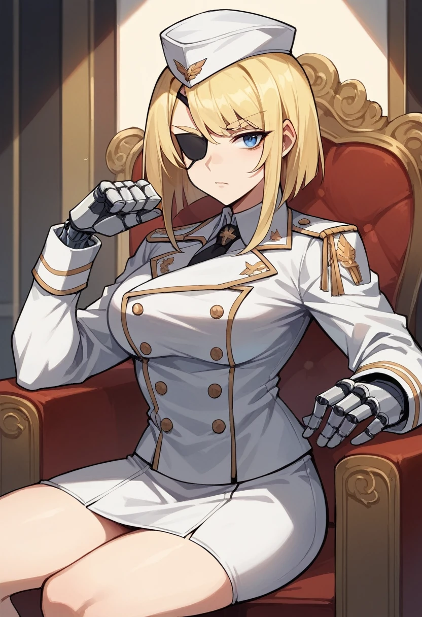 commander anime girl, white commander clothes, white mini skirt, white commander hat, 18 years old, tall, medium length blonde hair, blonde eyebrows, blue eyes, black eye patch, eye patch in right eye, right a mechanical arm, left arm a normal arm, sitting in a chair at the head of a large and long covenant table, alone, 8K Image Quality