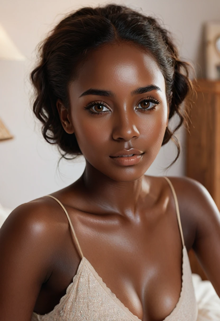 Realistic photo of a dark black skin colored, brown eyes, tanned woman in her room