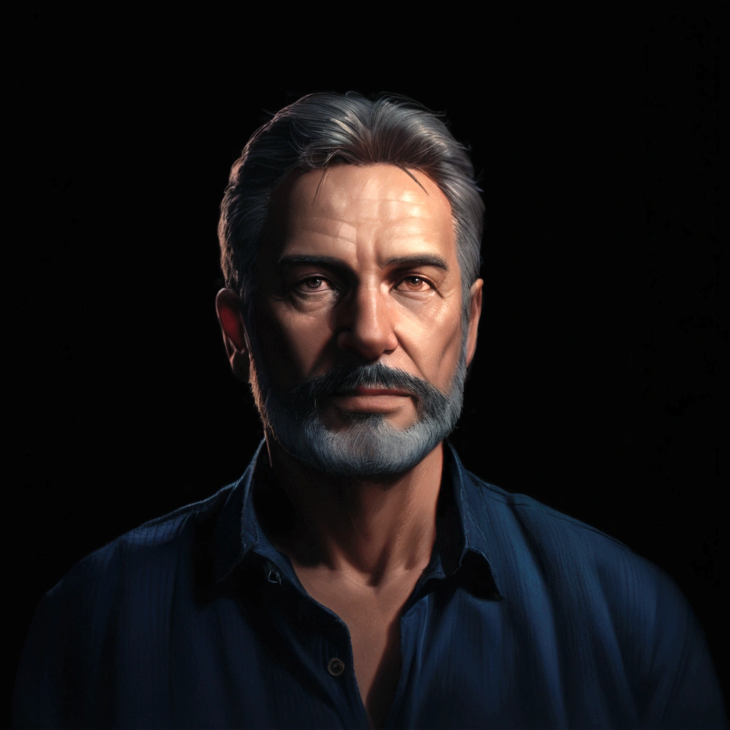 arafed man with a beard and a blue shirt looking at the camera, by Alejandro Obregón, portrait shot 8 k, chiaroscuro portrait, 5 0 years old man, 4k portrait, 8k portrait render, handsome man, dark grey haired man, highly detailed vfx portrait, by Giorgio Cavallon, A realistic portrait of a 50 year old man, handsome, charming man, front view, front view of his face, looking forward, shoulders and full face, on a black background, captured in ambient light, highly detailed, 8k resolution, cinematographic lighting, realism, photorealism, hyperrealism, professional photography, uhd.