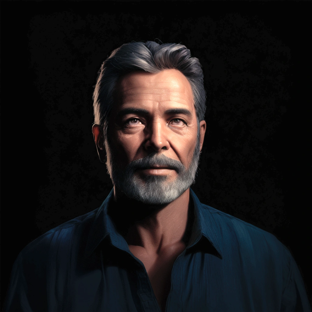arafed man with a beard and a blue shirt looking at the camera, by Alejandro Obregón, portrait shot 8 k, chiaroscuro portrait, 5 0 years old man, 4k portrait, 8k portrait render, handsome man, dark grey haired man, highly detailed vfx portrait, by Giorgio Cavallon, A realistic portrait of a 50 year old man, handsome, charming man, front view, front view of his face, looking forward, shoulders and full face, on a black background, captured in ambient light, highly detailed, 8k resolution, cinematographic lighting, realism, photorealism, hyperrealism, professional photography, uhd.