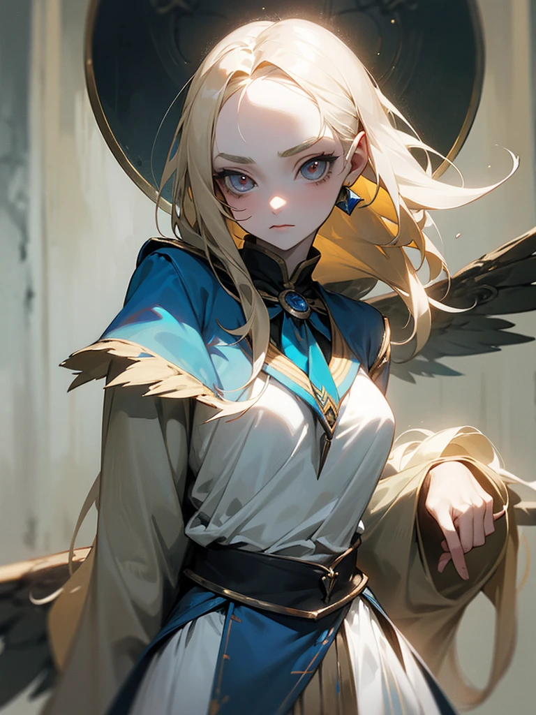 Female, age 16, dirty-blonde hair, straggly waist-length hair, pale silvery eyes, large eyes, pale eyebrows, thin weight, pale skin, Irish ethnicity, dreamy expression, Hogwarts student, Ravenclaw uniform.