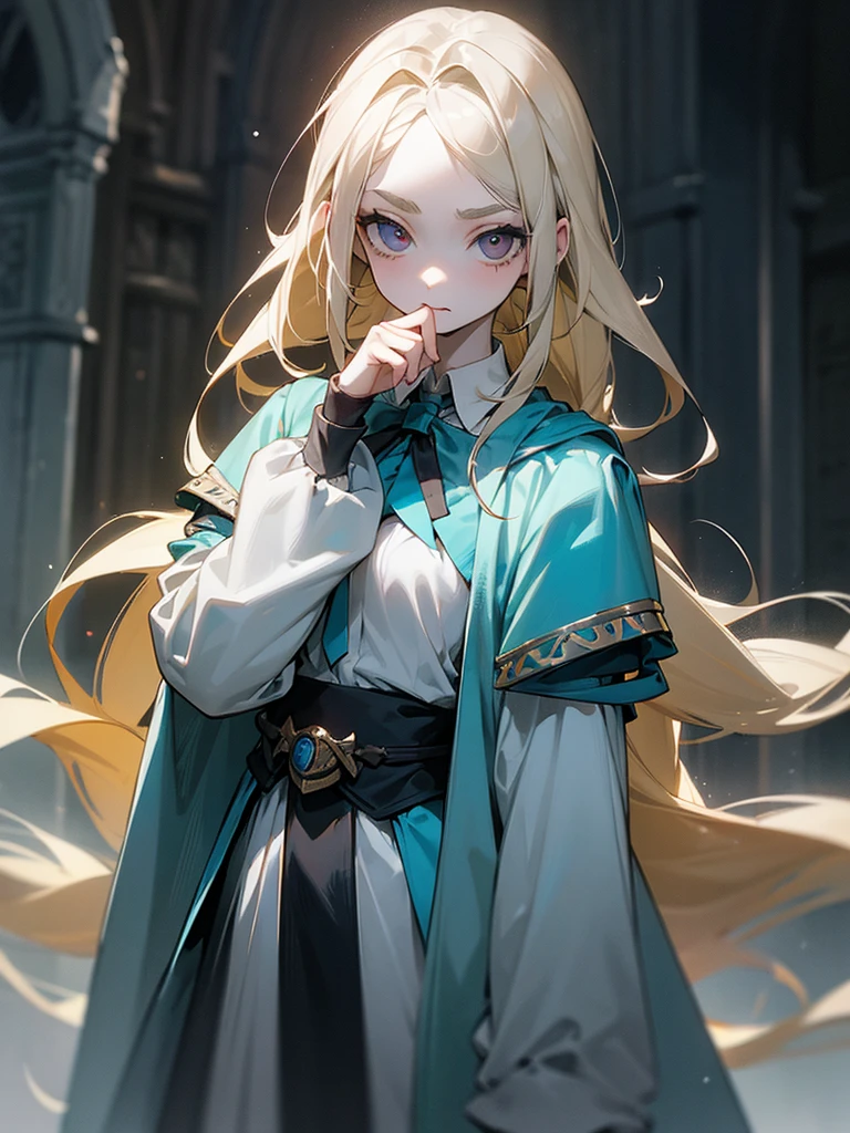 Female, age 16, dirty-blonde hair, straggly waist-length hair, pale silvery eyes, large eyes, pale eyebrows, thin weight, pale skin, Irish ethnicity, dreamy expression, Hogwarts student, Ravenclaw uniform. 