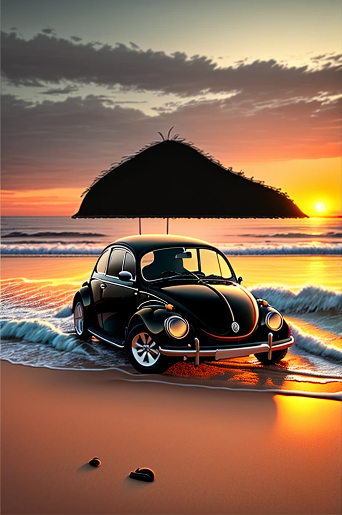 a black Volkswagen Beetle on the beach at sunset, cartoon