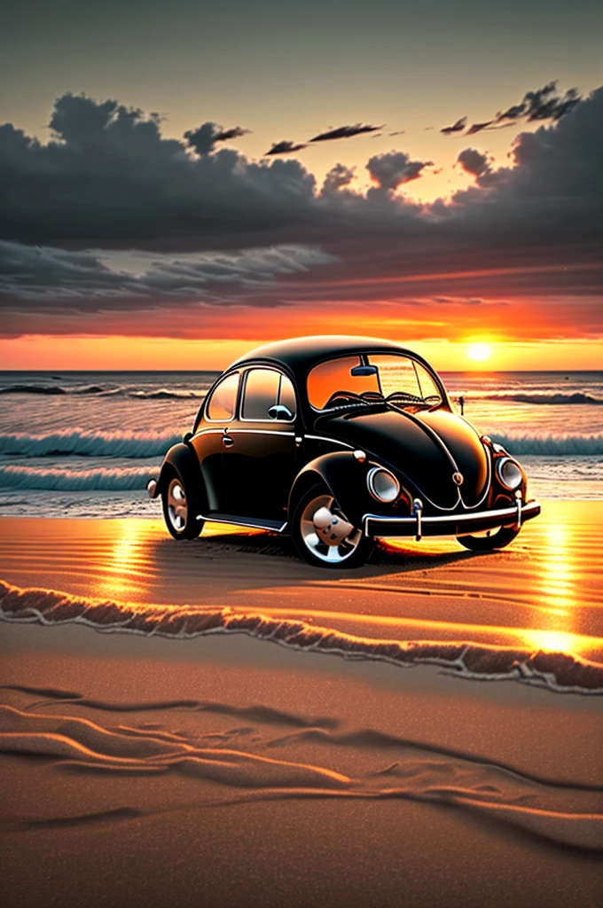 a black Volkswagen Beetle on the beach at sunset, cartoon