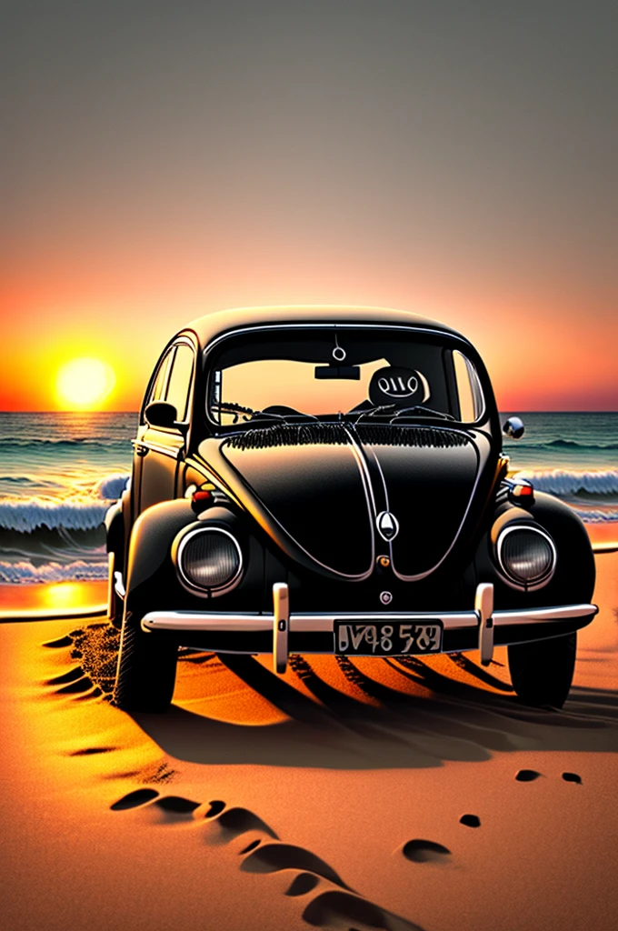 a black Volkswagen Beetle on the beach at sunset, cartoon