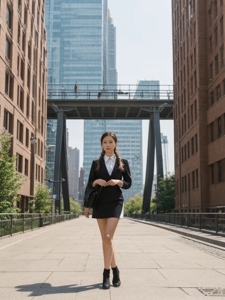 her name is Asako, high quality, 1girl, ((20-year-old fit Caucasian woman)), ((20 years old)), ((slim)), ((Fishtail Braid hair)), pose: standing, wearing aesthetic Generation-Z modern wear different colored, BACKGROUND: "At the High Line, a linear park built on a historic freight rail line with views of the Hudson River and city streets."
