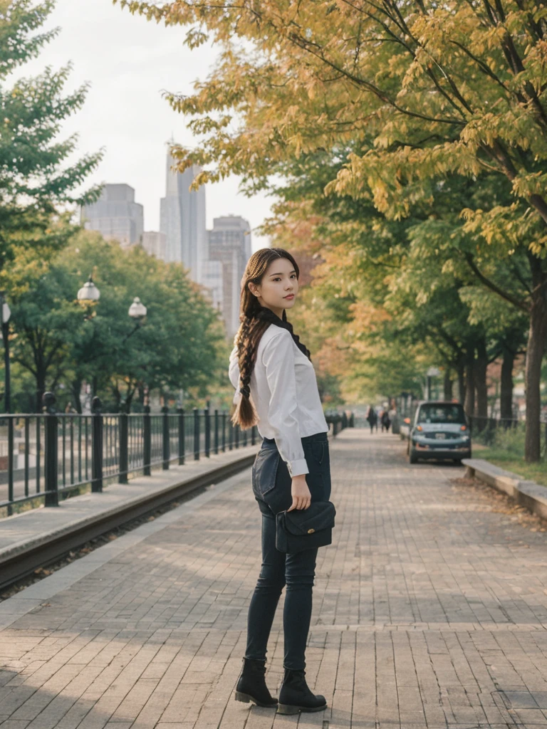 her name is Asako, high quality, 1girl, ((20-year-old fit Caucasian woman)), ((20 years old)), ((slim)), ((Fishtail Braid hair)), pose: standing, wearing aesthetic Generation-Z modern wear different colored, BACKGROUND: "At the High Line, a linear park built on a historic freight rail line with views of the Hudson River and city streets."
