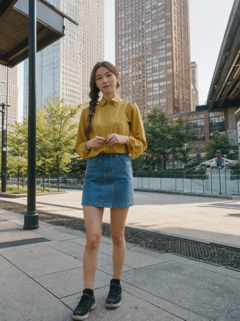 her name is Asako, high quality, 1girl, ((20-year-old fit Caucasian woman)), ((20 years old)), ((slim)), ((Fishtail Braid hair)), pose: standing, wearing aesthetic Generation-Z modern wear different colored, BACKGROUND: "At the High Line, a linear park built on a historic freight rail line with views of the Hudson River and city streets."
