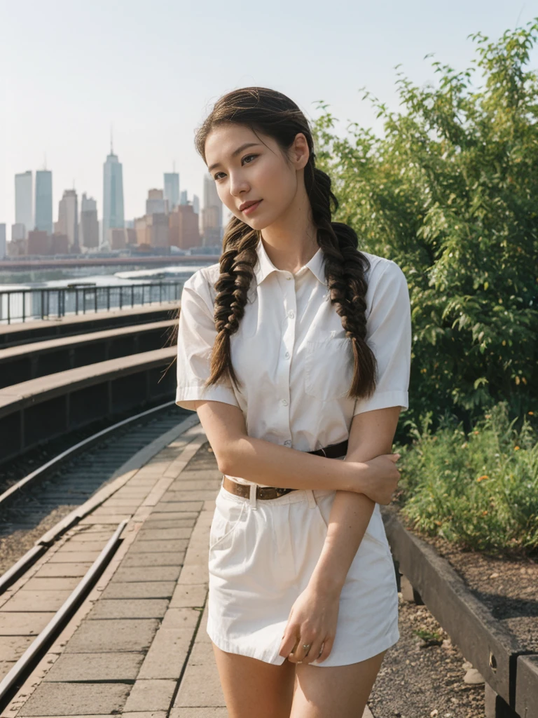 her name is Asako, high quality, 1girl, ((20-year-old fit Caucasian woman)), ((20 years old)), ((slim)), ((Fishtail Braid hair)), pose: standing, wearing aesthetic Generation-Z modern wear different colored, BACKGROUND: "At the High Line, a linear park built on a historic freight rail line with views of the Hudson River and city streets."