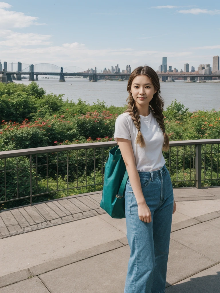 her name is Asako, high quality, 1girl, ((20-year-old fit Caucasian woman)), ((20 years old)), ((slim)), ((Fishtail Braid hair)), pose: standing, wearing aesthetic Generation-Z modern wear different colored, BACKGROUND: "At the High Line, a linear park built on a historic freight rail line with views of the Hudson River and city streets."