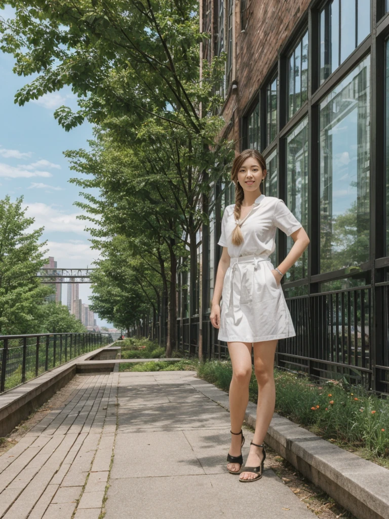 her name is Asako, high quality, 1girl, ((20-year-old fit Caucasian woman)), ((20 years old)), ((slim)), ((Fishtail Braid hair)), pose: standing, wearing aesthetic Generation-Z modern wear different colored, BACKGROUND: "At the High Line, a linear park built on a historic freight rail line with views of the Hudson River and city streets."