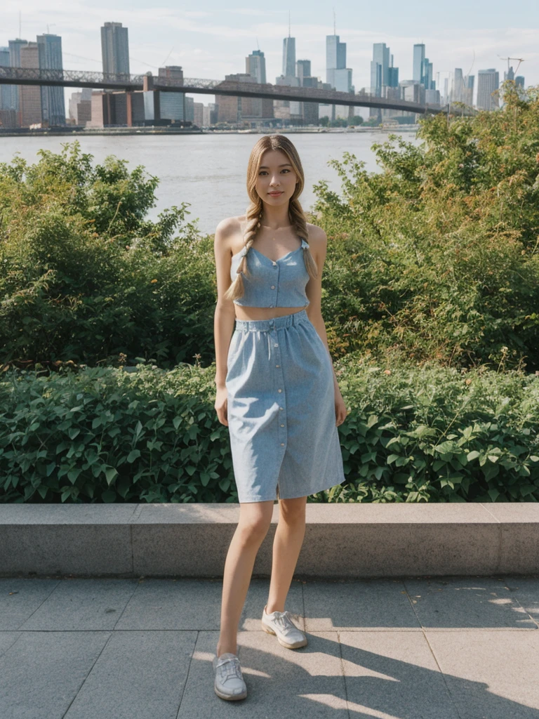 her name is Asako, high quality, 1girl, ((20-year-old fit Caucasian woman)), ((20 years old)), ((slim)), ((Fishtail Braid hair)), pose: standing, wearing aesthetic Generation-Z modern wear different colored, BACKGROUND: "At the High Line, a linear park built on a historic freight rail line with views of the Hudson River and city streets."