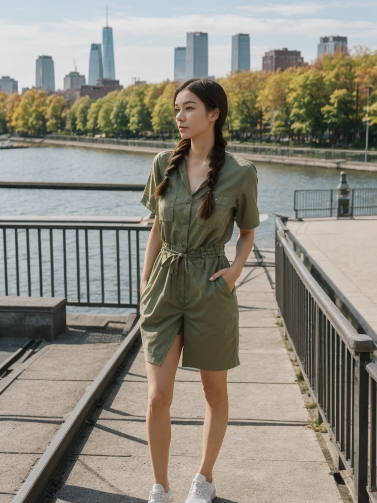 her name is Asako, high quality, 1girl, ((20-year-old fit Caucasian woman)), ((20 years old)), ((slim)), ((Fishtail Braid hair)), pose: standing, wearing aesthetic Generation-Z modern wear different colored, BACKGROUND: "At the High Line, a linear park built on a historic freight rail line with views of the Hudson River and city streets."