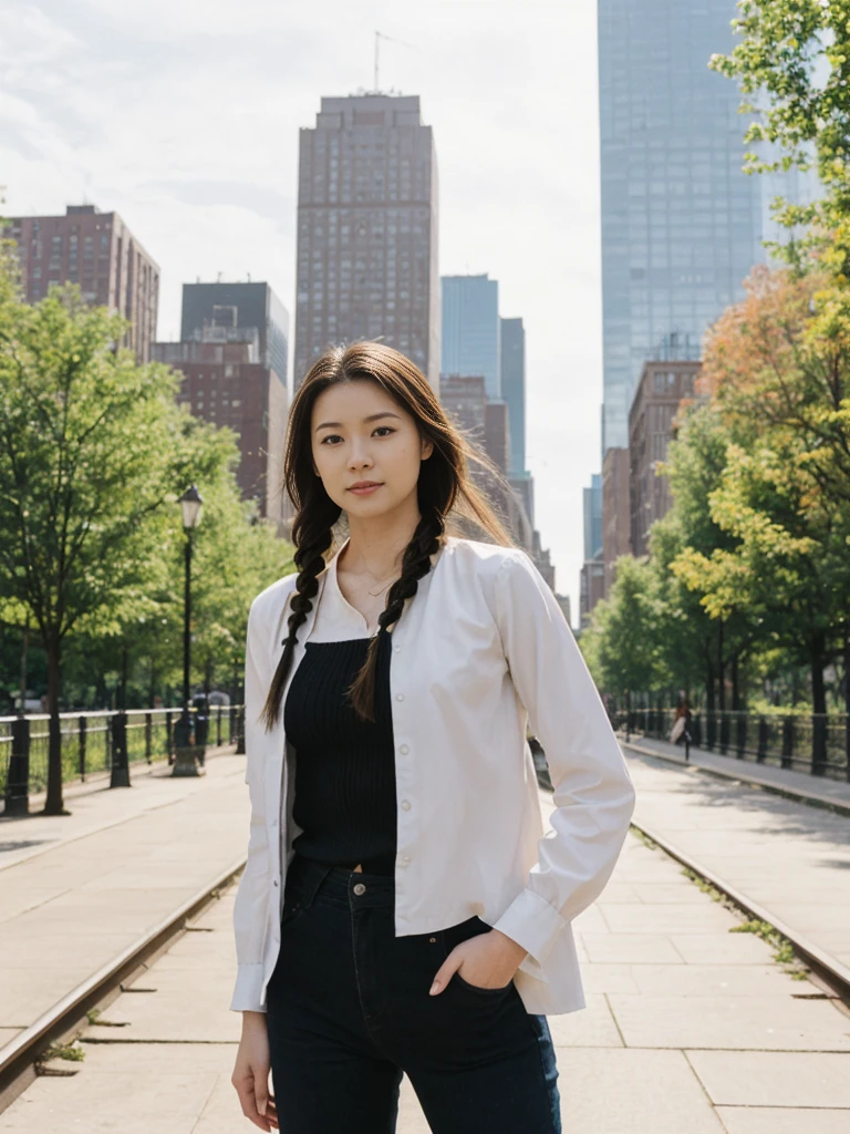 her name is Asako, high quality, 1girl, ((20-year-old fit Caucasian woman)), ((20 years old)), ((slim)), ((Fishtail Braid hair)), pose: standing, wearing aesthetic Generation-Z modern wear different colored, BACKGROUND: "At the High Line, a linear park built on a historic freight rail line with views of the Hudson River and city streets."