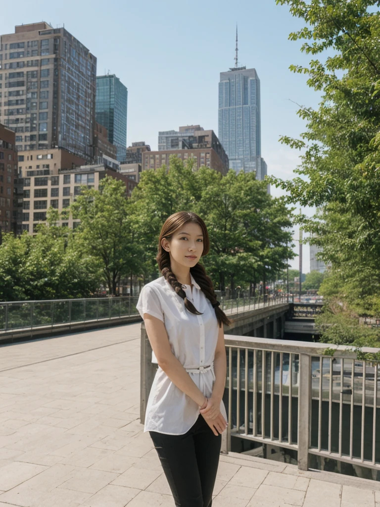 her name is Asako, high quality, 1girl, ((20-year-old fit Caucasian woman)), ((20 years old)), ((slim)), ((Fishtail Braid hair)), pose: standing, wearing aesthetic Generation-Z modern wear different colored, BACKGROUND: "At the High Line, a linear park built on a historic freight rail line with views of the Hudson River and city streets."