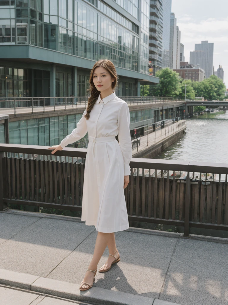 her name is Asako, high quality, 1girl, ((20-year-old fit Caucasian woman)), ((20 years old)), ((slim)), ((Fishtail Braid hair)), pose: standing, wearing aesthetic Generation-Z modern wear different colored, BACKGROUND: "At the High Line, a linear park built on a historic freight rail line with views of the Hudson River and city streets."