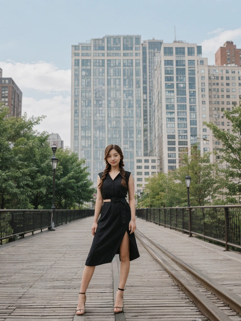 her name is Asako, high quality, 1girl, ((20-year-old fit Caucasian woman)), ((20 years old)), ((slim)), ((Fishtail Braid hair)), pose: standing, wearing aesthetic Generation-Z modern wear different colored, BACKGROUND: "At the High Line, a linear park built on a historic freight rail line with views of the Hudson River and city streets."