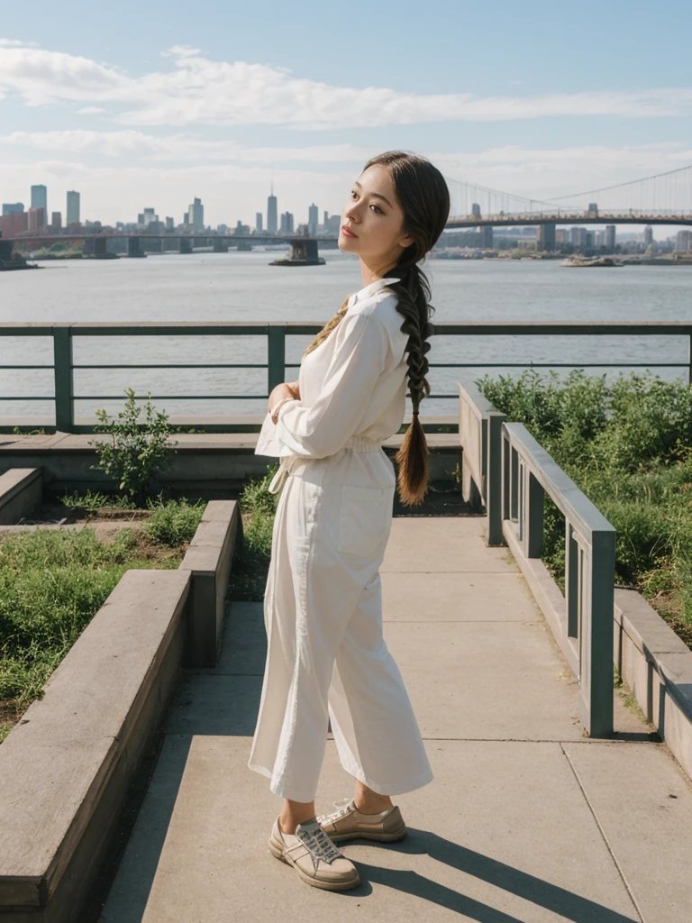 her name is Asako, high quality, 1girl, ((20-year-old fit Caucasian woman)), ((20 years old)), ((slim)), ((Fishtail Braid hair)), pose: standing, wearing aesthetic Generation-Z modern wear different colored, BACKGROUND: "At the High Line, a linear park built on a historic freight rail line with views of the Hudson River and city streets."