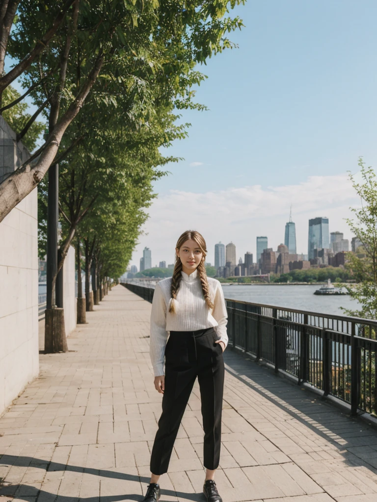her name is Asako, high quality, 1girl, ((20-year-old fit Caucasian woman)), ((20 years old)), ((slim)), ((Fishtail Braid hair)), pose: standing, wearing aesthetic Generation-Z modern wear different colored, BACKGROUND: "At the High Line, a linear park built on a historic freight rail line with views of the Hudson River and city streets."