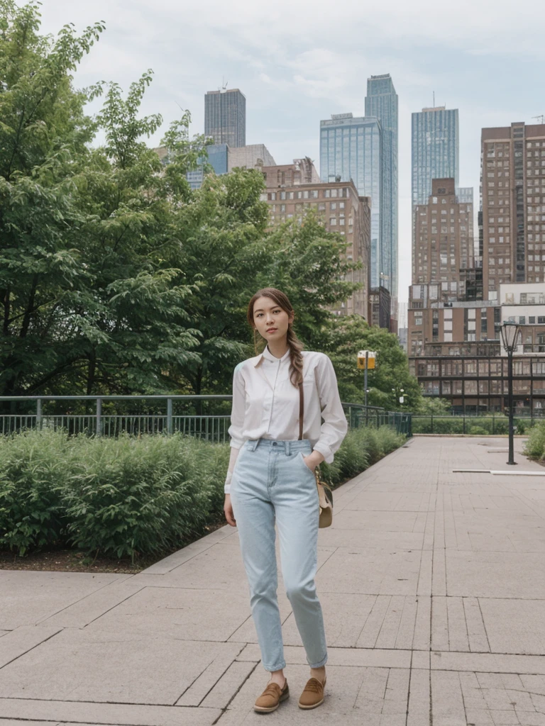 her name is Asako, high quality, 1girl, ((20-year-old fit Caucasian woman)), ((20 years old)), ((slim)), ((Fishtail Braid hair)), pose: standing, wearing aesthetic Generation-Z modern wear different colored, BACKGROUND: "At the High Line, a linear park built on a historic freight rail line with views of the Hudson River and city streets."