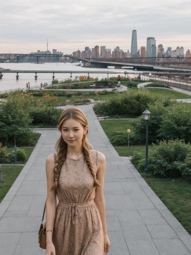 her name is Asako, high quality, 1girl, ((20-year-old fit Caucasian woman)), ((20 years old)), ((slim)), ((Fishtail Braid hair)), pose: standing, wearing aesthetic Generation-Z modern wear different colored, BACKGROUND: "At the High Line, a linear park built on a historic freight rail line with views of the Hudson River and city streets."