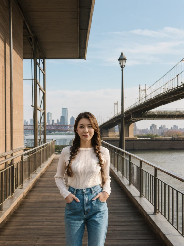 her name is Asako, high quality, 1girl, ((20-year-old fit Caucasian woman)), ((20 years old)), ((slim)), ((Fishtail Braid hair)), pose: standing, wearing aesthetic Generation-Z modern wear different colored, BACKGROUND: "At the High Line, a linear park built on a historic freight rail line with views of the Hudson River and city streets."