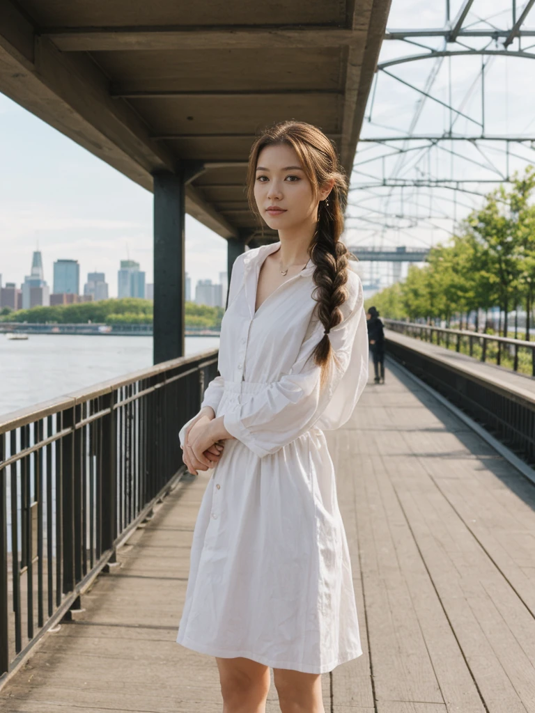 her name is Asako, high quality, 1girl, ((20-year-old fit Caucasian woman)), ((20 years old)), ((slim)), ((Fishtail Braid hair)), pose: standing, wearing aesthetic Generation-Z modern wear different colored, BACKGROUND: "At the High Line, a linear park built on a historic freight rail line with views of the Hudson River and city streets."