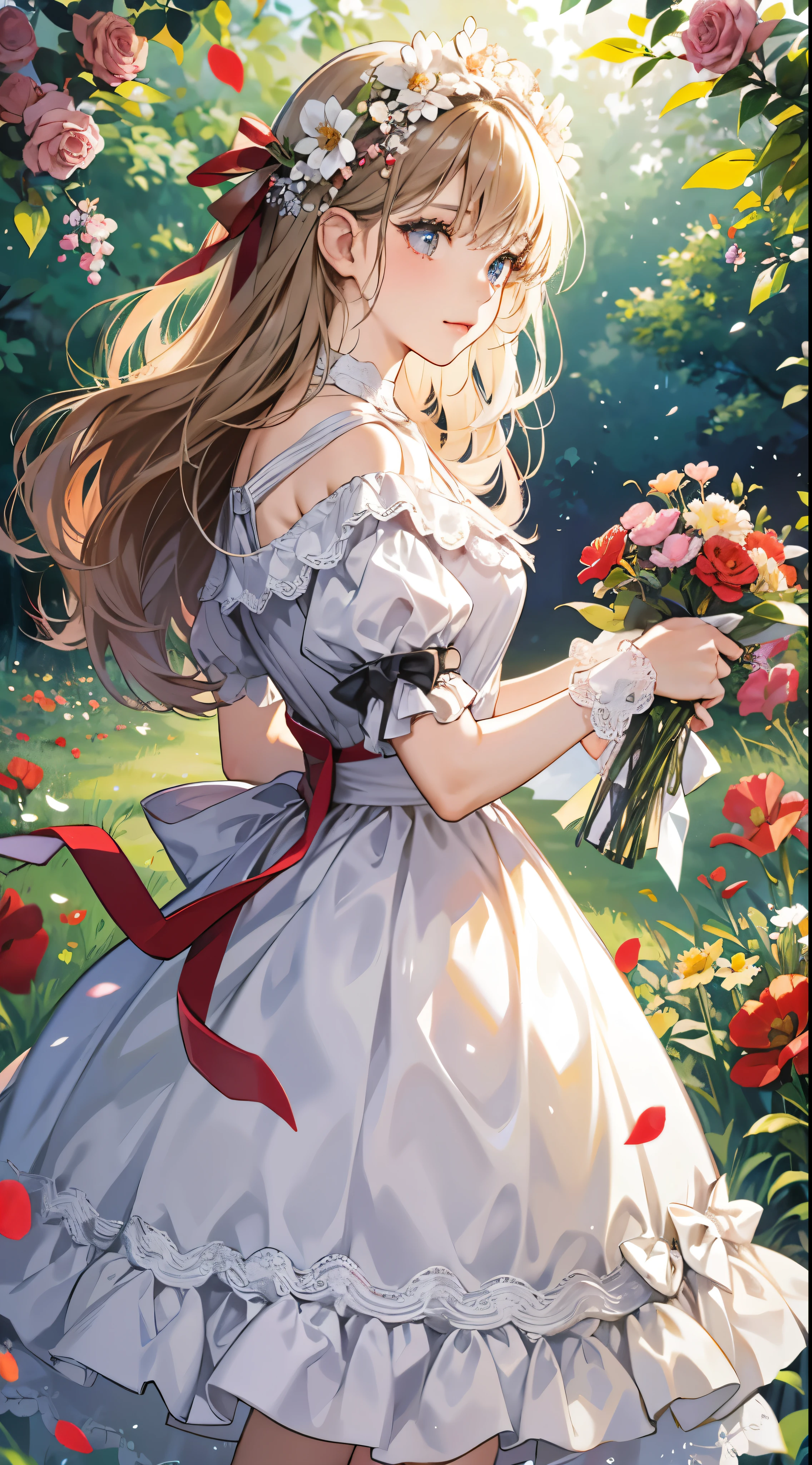 there is a  in a red and white dress holding a bouquet, girl in flowers, picking flowers, holding flowers, picking up a flower, girl standing in flower field, girl standing in a flower field, flowers on heir cheeks, girl in a flower field, portrait of girl in flower field, girl walking in forest, girl with a flower head