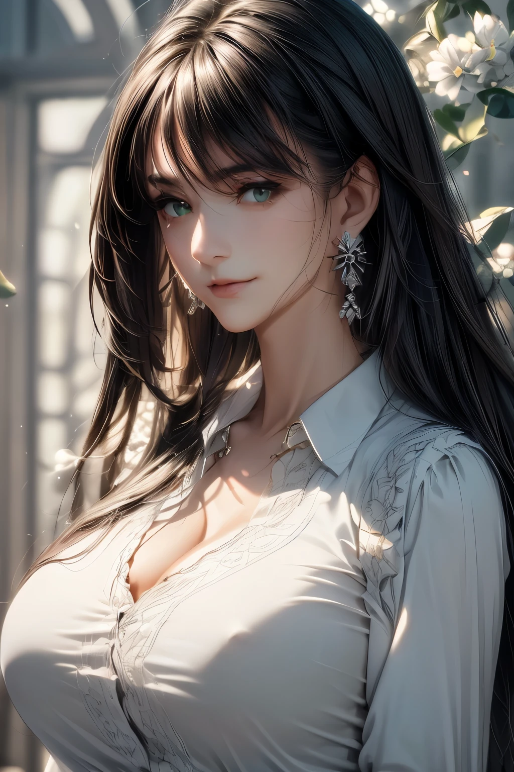 (masterpiece,best quality,ultra_detailed,highres,absurdres) solo, female focus, mysterious, Extremely gorgeous, 1 mature female, 25-ish, long black sleek hair, flat bangs, green highlight, floating hair, sidelocks, beautiful detailed Glass hair, delicate beautiful face, smirk smile, Iridescence and colorful eyes (detailed eyes), closed_mouth, Delicate arms and hands, (((big_breasts))), (Silver eyes), white skin, delicate metal decorations, earrings, Beautifully gorgeous necklace, flowing lace, surreal, intricate light, Flying green petals, lens flare, absurdres, highres, very fine 8KCG wallpapers, simple background, ((close-up shot)), (((modern clothes))) (vest, looking at viewer, collared shirt, long sleeves, white shirt, black vest, earings).