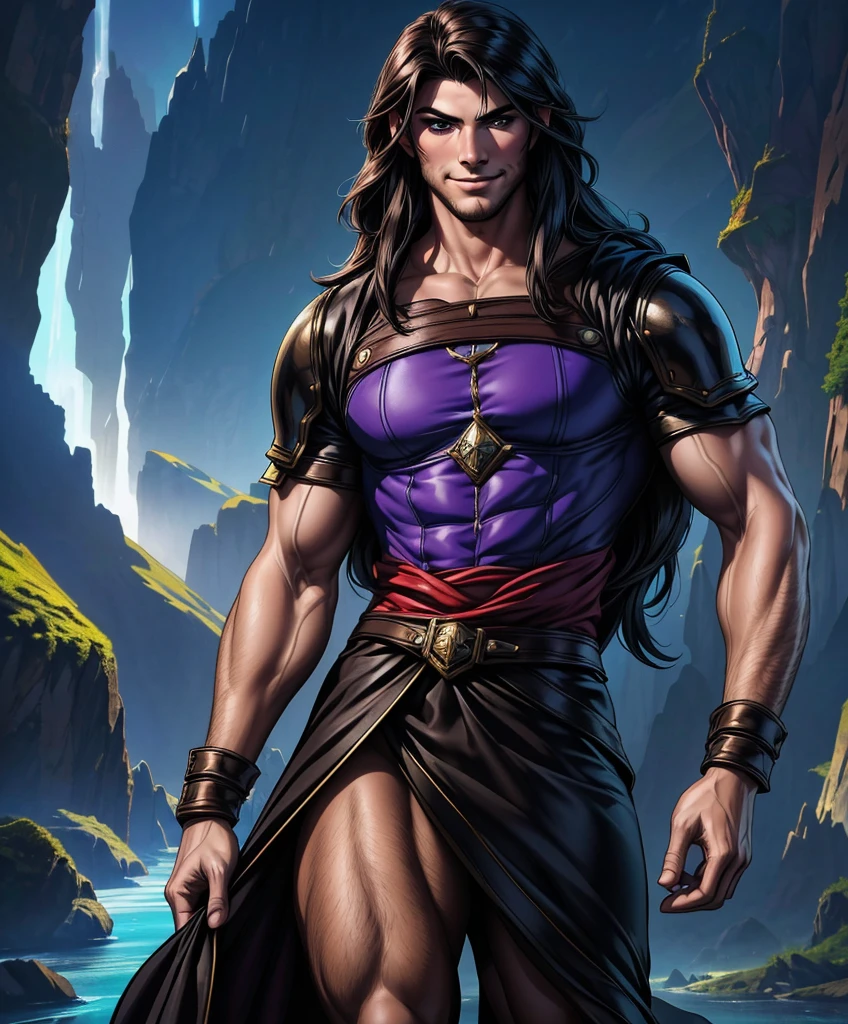 (((Luxurious shoulder-length dark hair, dark complexion, and sexy smirk.))) (((18 years old.))) (((18yo.))) (((Cute smirk.))) (((Single character image.))) (((1boy)))  (((18 years old.))) (((18yo.))) (((Dressed in medieval fantasy attire.))) Cute guy. Hot guy.  (((Looks like Adonis.))) (((Dressed in medieval fantasy attire.))) (((Intense, sexy stare.))) (((Beautiful long sexy hair.))) (((Looks like a sexy, dashing, handsome adventurer for a fantasy setting.))) Looks like a fun-loving and heroic male adventurer for Dungeons & Dragons. Looks like a very attractive male adventurer for a high fantasy setting.Looks like a handsome and rugged male adventurer for Dungeons & Dragons. Looks like a handsome male for a medieval fantasy setting. Looks like a Dungeons & Dragons adventurer, very cool and masculine hair style, black clothing, handsome, charming smile, adventurer, athletic build, excellent physique, confident, gorgeous face, gorgeous body,  detailed and intricate, fantasy setting,fantasy art, dungeons & dragons, fantasy adventurer, fantasy NPC, attractive male in his mid 20's, ultra detailed, epic masterpiece, ultra detailed, intricate details, digital art, unreal engine, 8k, ultra HD, centered image award winning, fantasy art concept, digital art, centered image, flirting with viewer, best quality:1.0,hyperealistic:1.0,photorealistic:1.0,madly detailed CG unity 8k wallpaper:1.0,masterpiece:1.3,madly detailed photo:1.2, hyper-realistic lifelike texture:1.4, picture-perfect:1.0,8k, HQ,best quality:1.0,