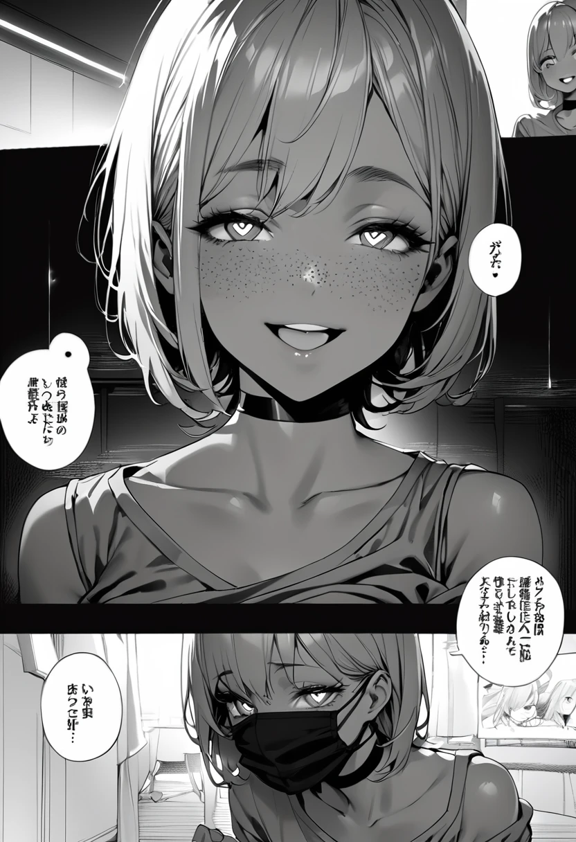 best quality , monochrome, lineart, 1girl, ((((Open your mouth))))、(masterpiece,Realistic depiction、highest quality,High resolution, Top-of-the-line specifications、Very detailed,bb Festival),short dark Hair,(((((  Captivating smile ))))),tan Skin, freckles, Black Choker, medium breasts ,Black pleats shirt,Grey Shirt,shoulder cutout,Short sleeve,See-through sleeves,Black Skirt,High Waist Skirt,(((( Perfect Fingers )))) , shoes,(black shoes:1.4),Race trim,shoes,Black footwear,indoor,(sexy bed:1.2),((Heart-shaped pupils:1.3, Blowjob Gestures:1.5))、Open your mouth ,Sitting, bed ,Heavy breathing ,Hand in front of your mouth,Hand in front of mouth, manga,text,magazine、(Black medical mask pull:1.3, Dark Room:1.5, Dim lighting:1.5)、Sharp Eye , white background oldest, comic
