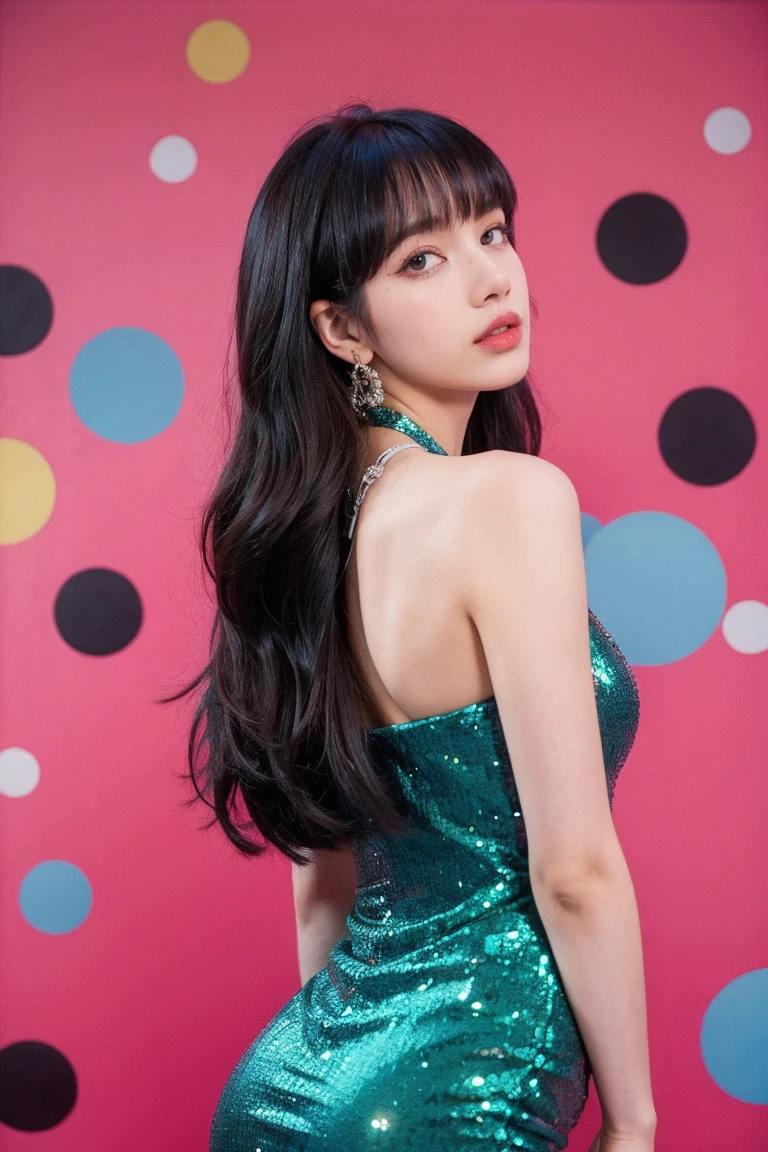 21yo girl, beautiful dress, fuchsia background