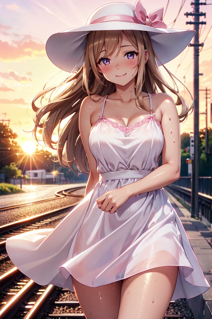satin, silk, (pink panty), (High quality, High resolution, Fine details), setting sun, Backlight, A straight stretch of railroad track, White Dress, White Hat, solo, curvy women, light brown hair, sparkling eyes, (Detailed eyes:1.2), smile, blush, Sweat, Oily skin, shallow depth of field, Fantastic