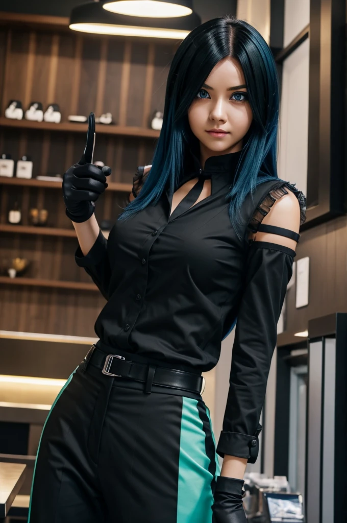 Black v blue hair, pretty face, green eyes, parts, my hero academia, anime, gloves, black mask, slim, black blouse, pantalon cafe