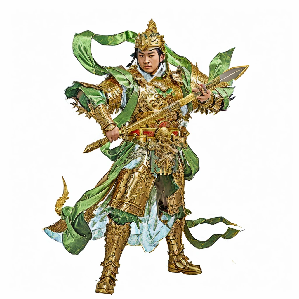 a young chinese warrior with luxurious gold yellow armour, holding a curvy sculpted sword, green deity ribbon, taoist master, taoist master, wide big chin, no beard