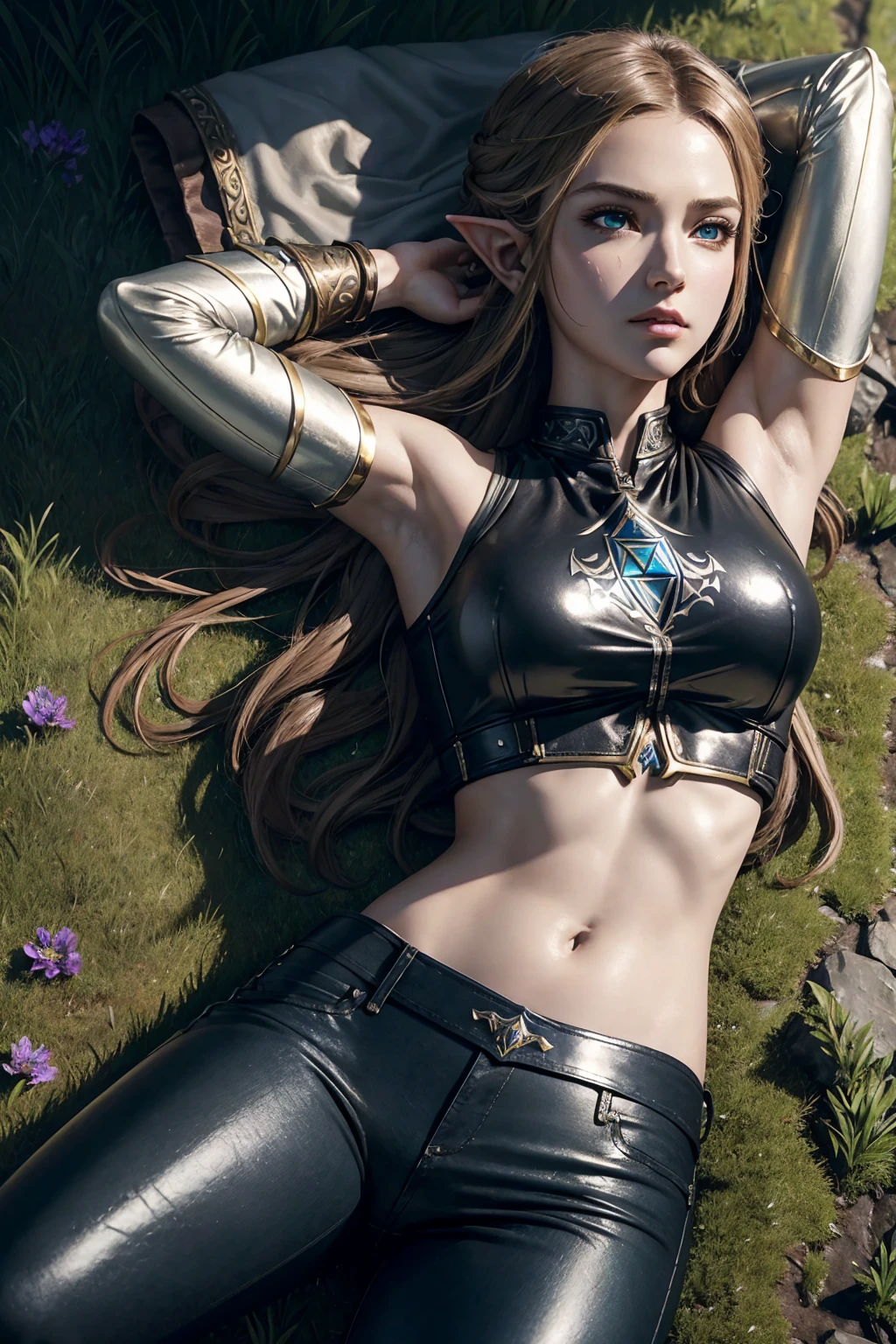 masterpiece.  4k. highly detailed epic fantasy oil painting of beautiful Princess Zelda. . dark ambient. detailed stylish suit,
  shiny reflective leather jeans for the summer.  crop top shirt. athletic. Hyrule motif. lying on grass, stretching. sweating. rain. 
from above, eagle eye shot, far shot. wildflowers.
