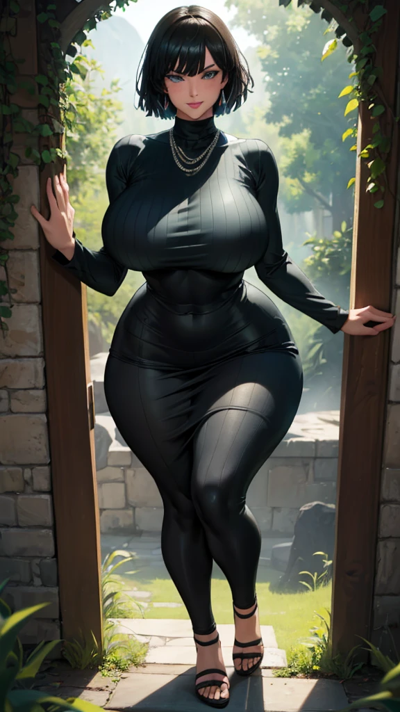 (masterpiece, best quality, high resolution: 1.4), 1 girl, symmetrical, front view, tall woman, (masterpiece), (best quality), (ultra high resolution), 1 girl with beautiful and very big feet, feet big, black high heeled sandals, legs together, feet together, facing forward, turtleneck sweater, THICC, bulging breasts, busty, curvy, tight clothing, tight black leggings, ultra tight, huge hips, big thighs, slightly muscular, happy, short hair, bangs, dark hair, excited, full of life, soft MILF (features): 1.4) Detailed face, seductive, rocks, trees, plants, black eyeliner, blue eyes, makeup, lipstick, smile, look at viewer, masterpiece, best quality, high quality, extremely detailed CG unity 8k wallpaper, digital illustration, trending, pastel colors, perfect fingers, perfect full body, extremely detailed.