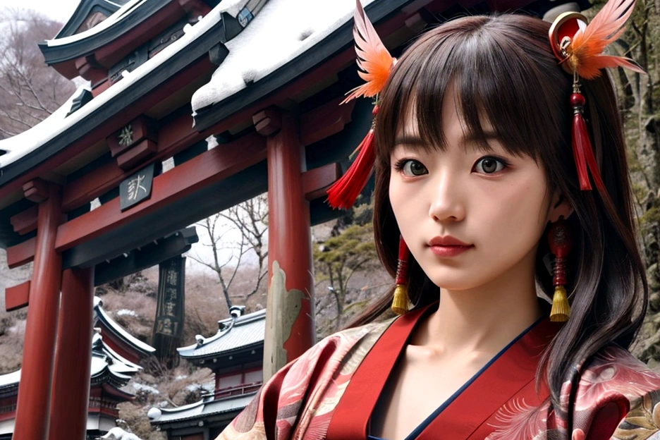 Beautiful female Tengu(1 person)、goddess、、Large Breastuscular、feather、Deep in the mountains of Japan、shrine、torii、God、4K、Genuine、High resolution