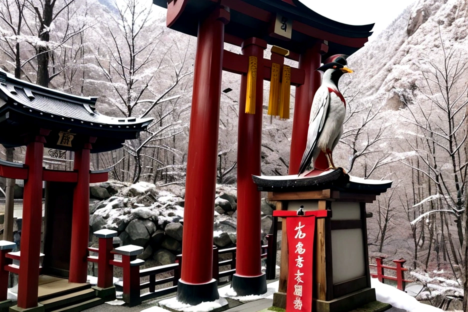 Beautiful female Tengu（1 person）、goddess、、Large Breastuscular、feather、Deep in the mountains of Japan、shrine、torii、God、4K、Genuine、High resolution