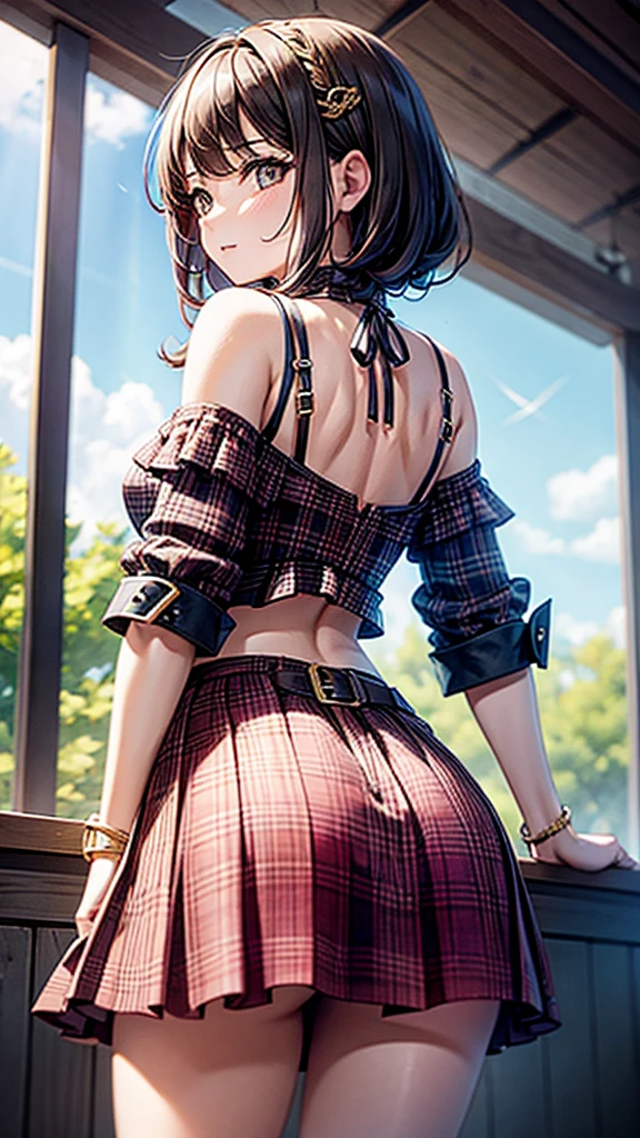 One with a cavaquinho skirt with a top buckle and a plaid blouse with a back, leaving a glimpse of her butt