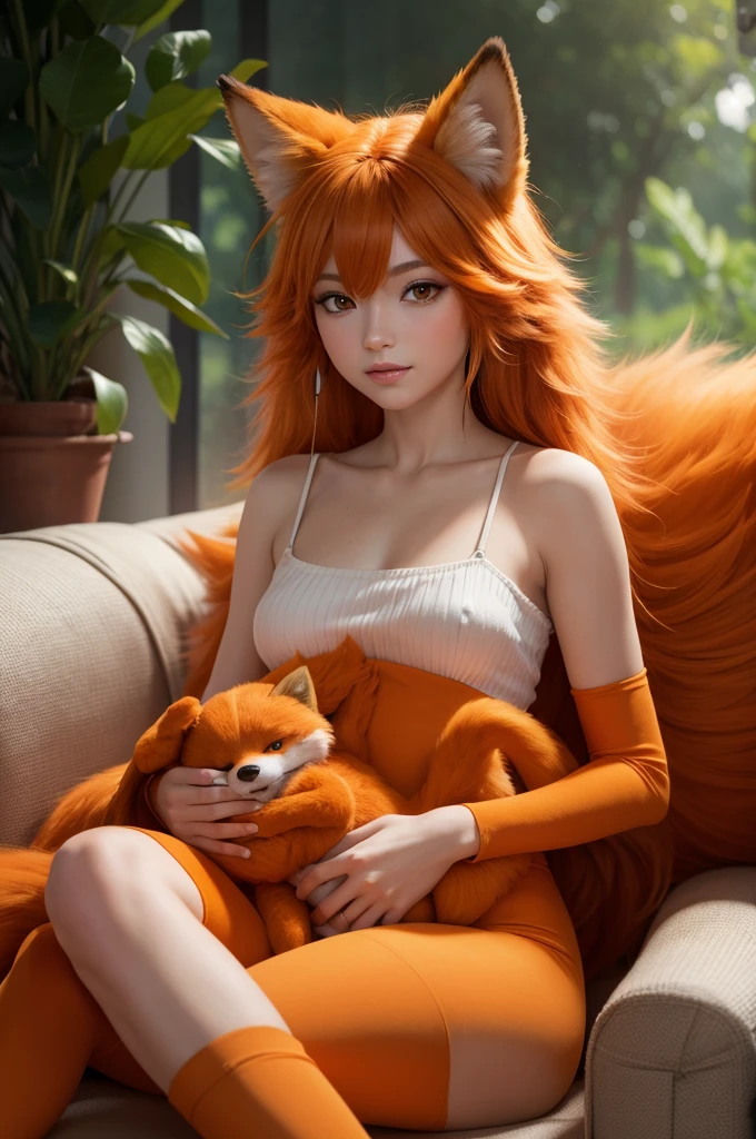 Orange furry fox girl with many small and lap children, HD 8k, high resolution