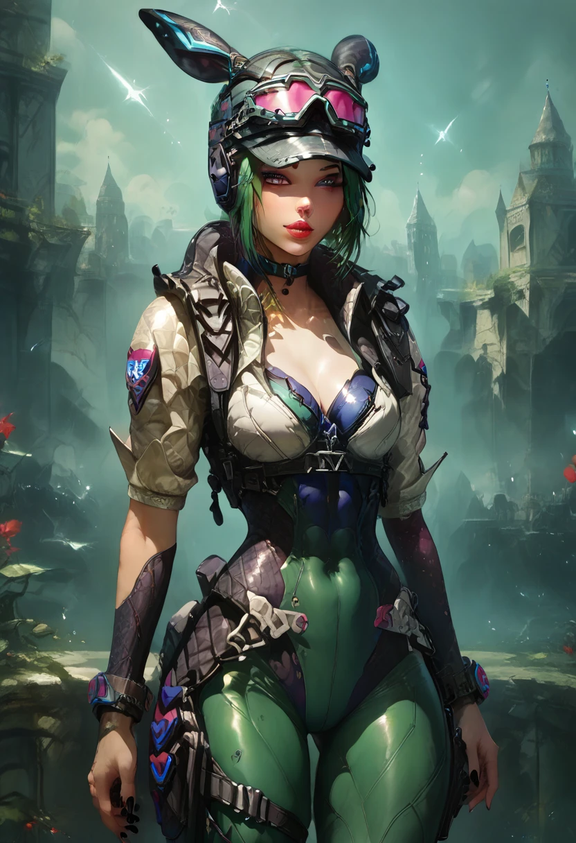 score_9, score_8_up, woman, athletic body, hourglass body, Ela Bosak from Rainbow Six Siege, seductive pose, Standing, tactical gear, green hair, thigh straps, clothed, revealing clothes, seductive face, beautiful eyes, detailed eyes, city scape background, black cap, pink goggles on cap, green yoga pants, black nails, choker, 