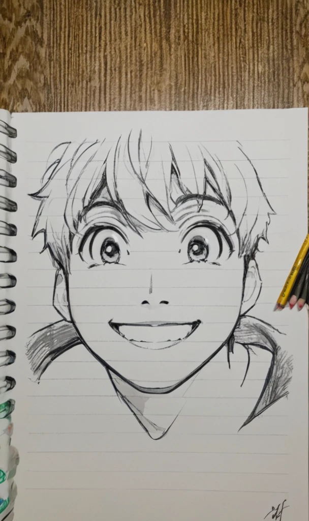 drawing of a boy with a smile on his face, inspired by Ryuzaburo Umehara, anime face, cartoon face, inspired by Un'Ichi Hiratsuka, Berserk's portrait of courage, big eyes and menacing smile, face with realistic proportions, inspired by Ito Ogura Yonesuke, right - half happy face