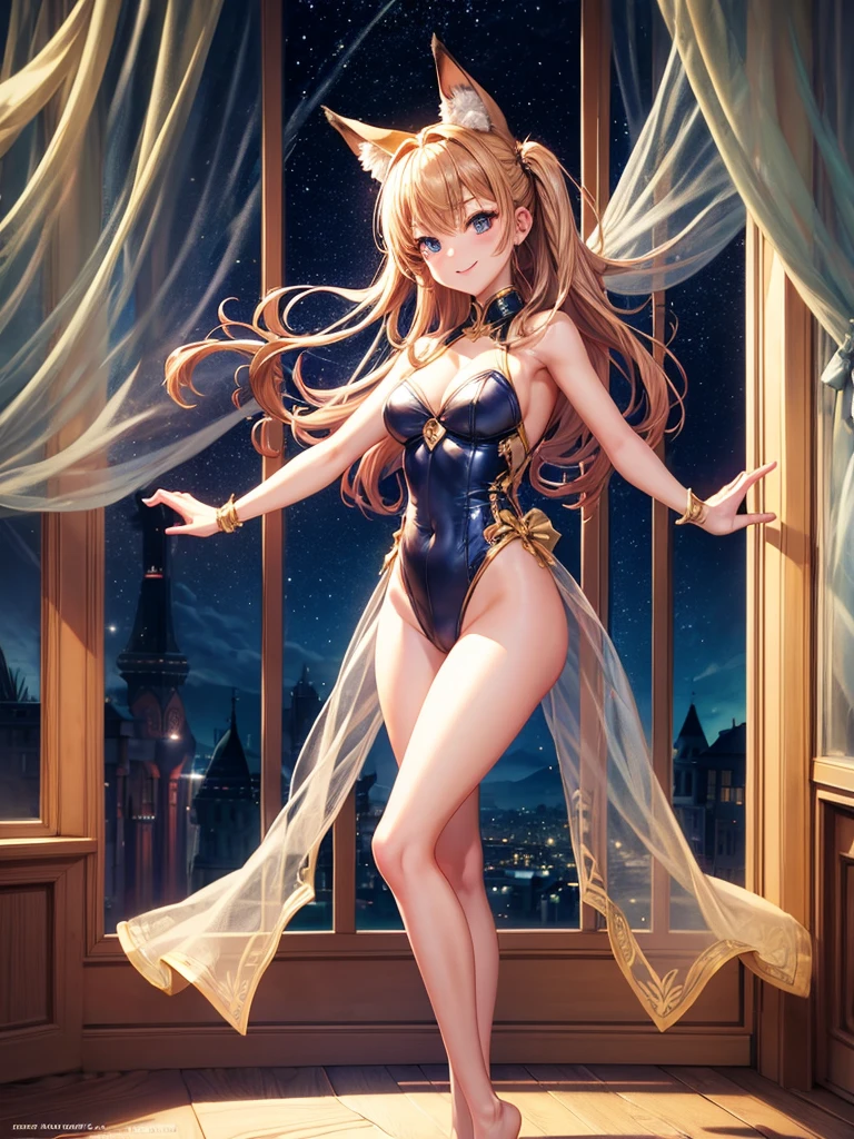 Highest quality,Highest Resolution,Smiling beautiful girl in fox leotard,High leg,Very beautiful eyes,Standing posture,whole body,front,Bedroom,Night view outside the window,