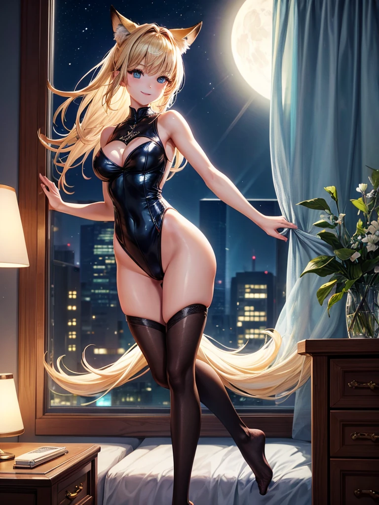 Highest quality,Highest Resolution,Smiling beautiful girl in fox leotard,High leg,Very beautiful eyes,Standing posture,whole body,front,Bedroom,Night view outside the window,