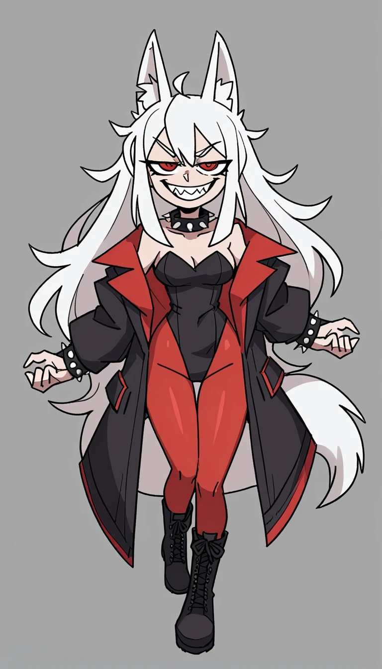 zPDXL, score_9, score_8_up, score_7_up, source_anime, 8k, absurdres, 1girl, solo,  vanitaker, white hair, long hair, white Fox ears, white Fox tail, red hose, black jacket, black leotard, black boots, leotard under jacket, red eyes, fangs teeth, gray background, standing, half-closed eyes, smug smile, looking at the viewer, spiked wristband, spiked collar