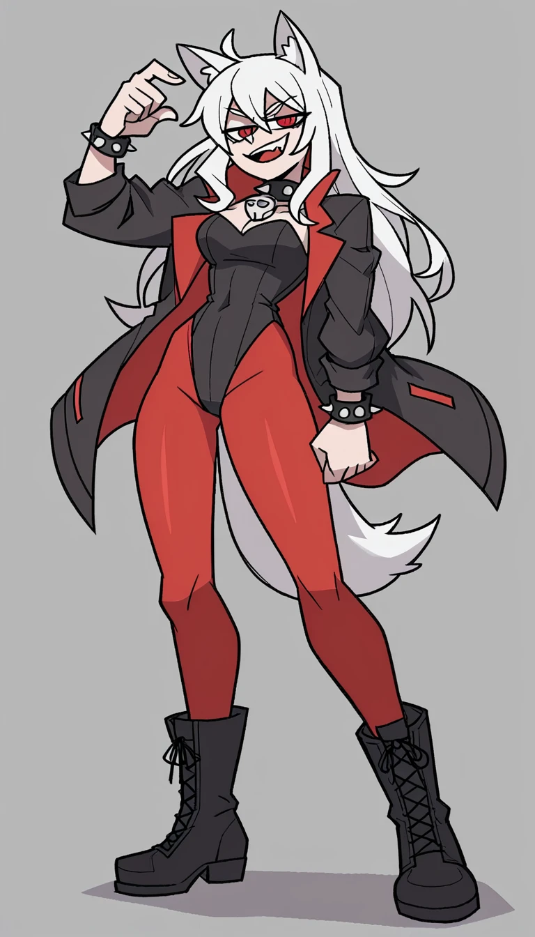 zPDXL, score_9, score_8_up, score_7_up, source_anime, 8k, absurdres, 1girl, solo, vanitaker, white hair, long hair, white Fox ears, white Fox tail, red pantyhose, black jacket, black leotard, black boots, leotard under jacket, red eyes, fangs teeth, gray background, standing, half-closed eyes, smug smile, looking at the viewer, spiked wristband, spiked collar